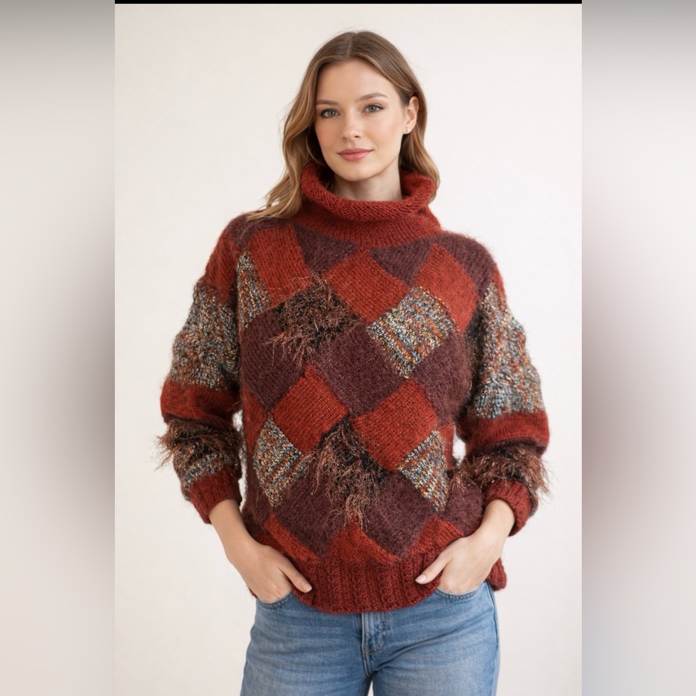 Stunning hand knit textured mock neck sweater